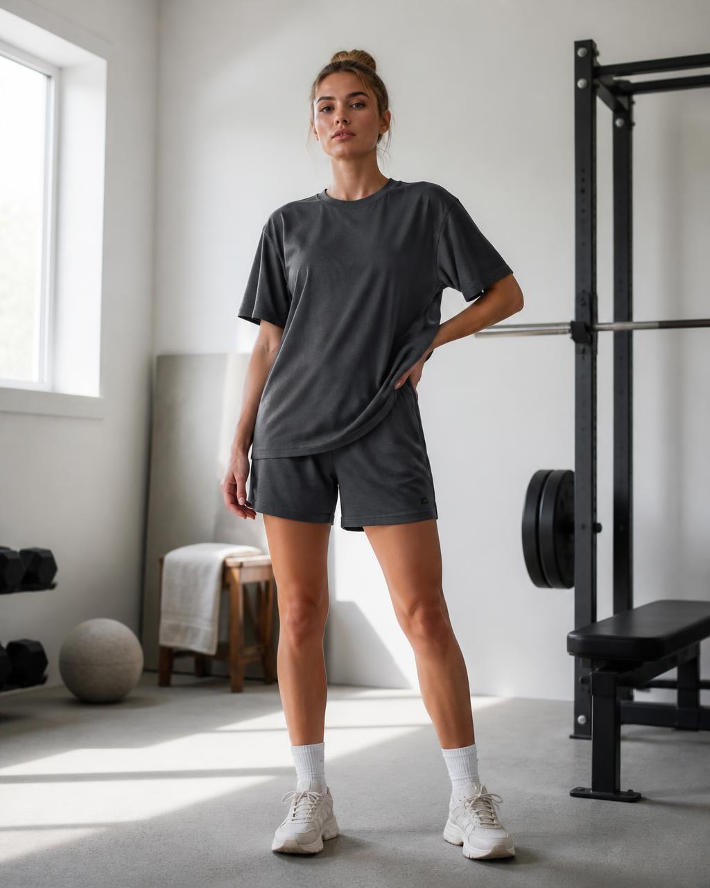 Lifter resting between heavy sets in a minimal Scandinavian gym