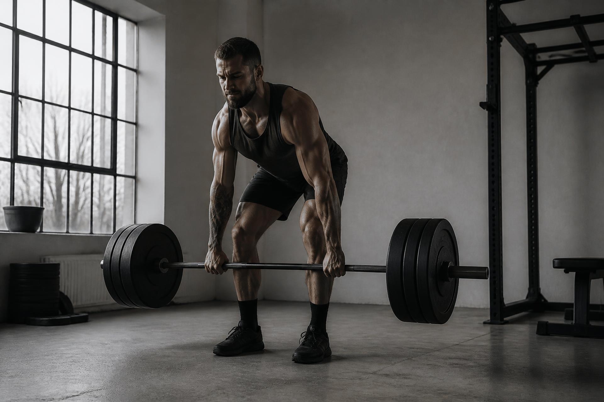Athlete performing a heavy barbell deadlift in a minimal Scandinavian gym